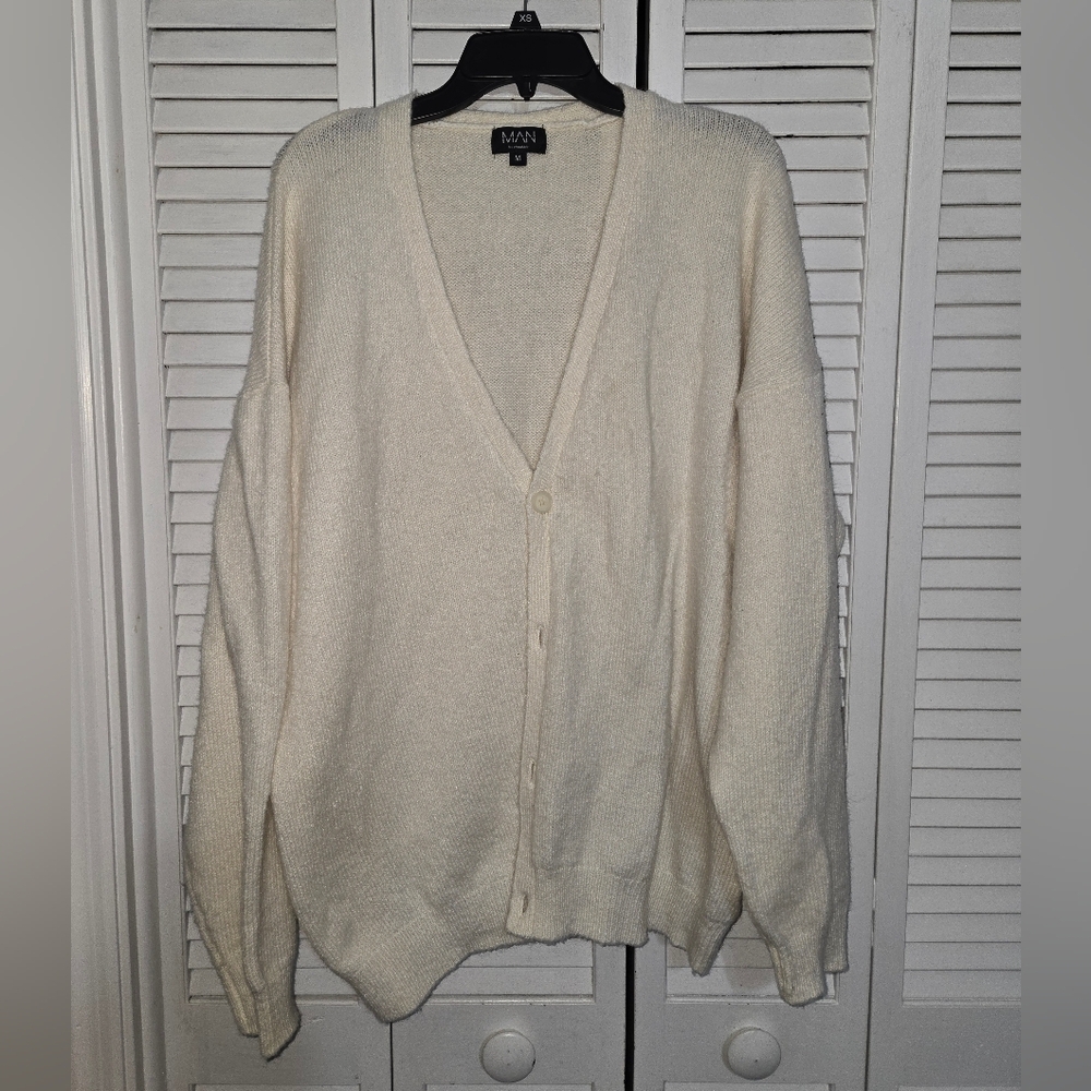 boohooMAN Cream Button-Up Cardigan Men's M